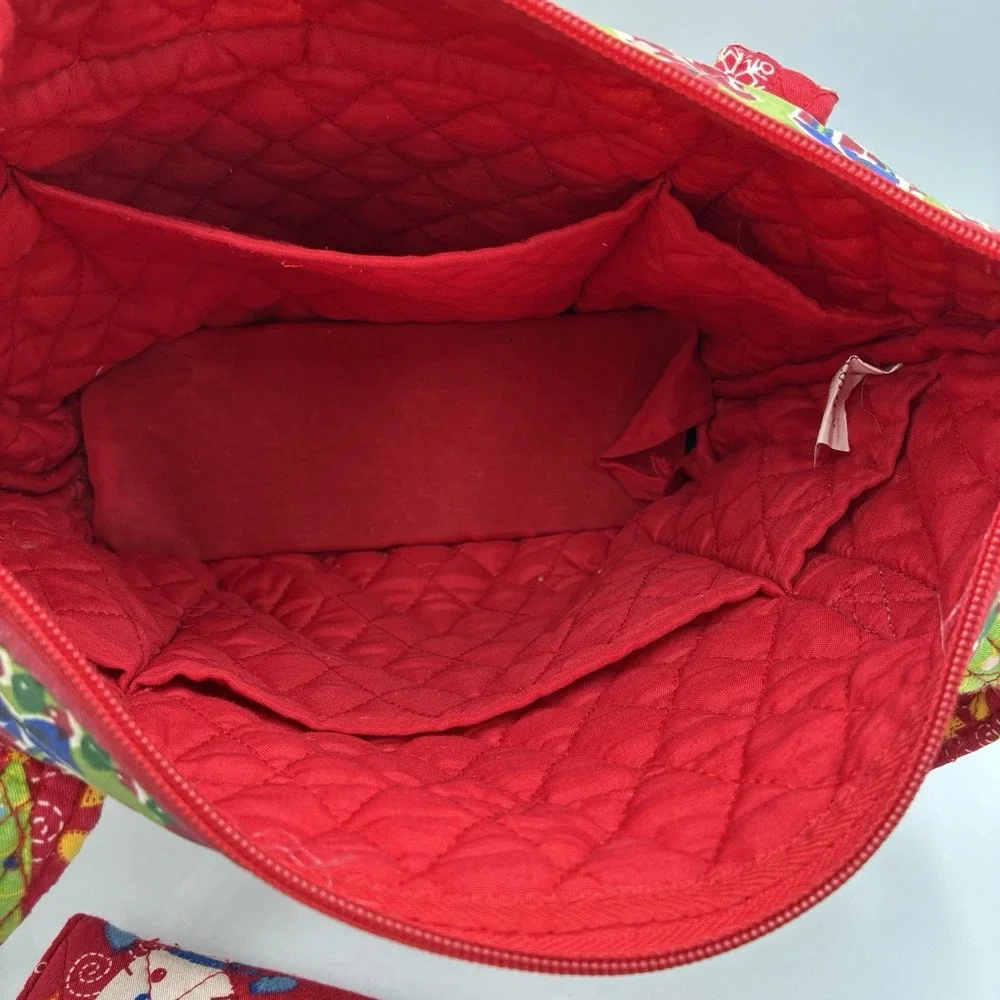 Red Quilted Christmas Tote Shoulder Bag Snowman Print Holiday Zipper and Wallet
